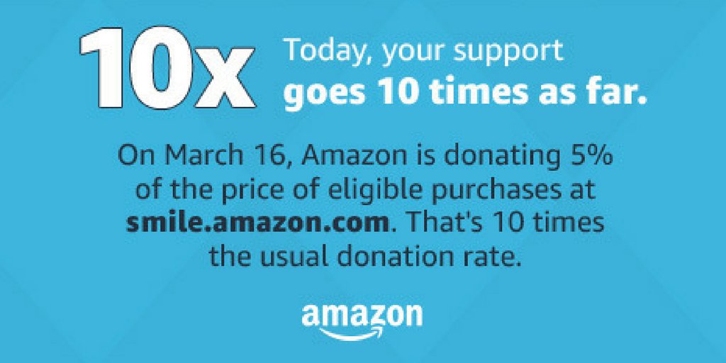 TODAY, <a href="/amazon/">Amazon</a> will donate 5% (10x usual donation rate!) of the price of your eligible AmazonSmile purchases to us. smile.amazon.com/ch/43-0652648