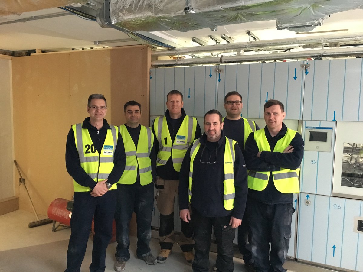 OlympusMedUKIE's tweet photo. Our #FieldSupportServices #AdvancedSystems team excited for the UK's 1st #ETDDouble endoscope washer disinfector installation @BlackpoolHosp https://t.co/qiKOIJmsWg