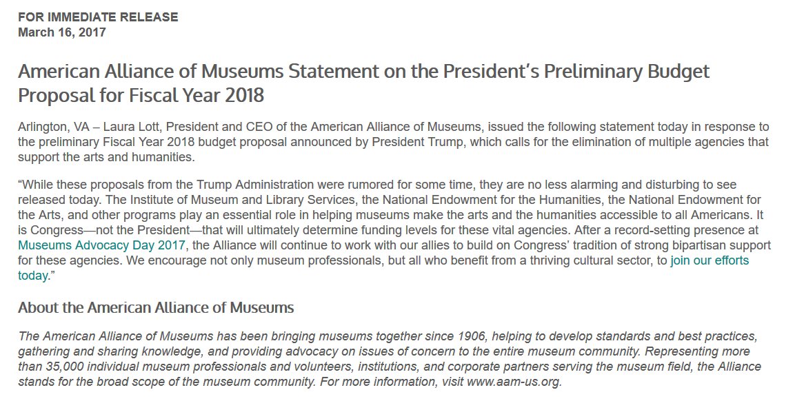 AAMers's tweet photo. Statement from @AAMers President &amp; CEO @LottLaura in response to the preliminary Fiscal Year 2018 budget proposal: https://t.co/eCoUEyIqV1 https://t.co/CRSPLhWcko