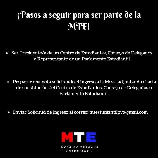 mte_py's tweet photo. Te facilitamos los pasos a seguir para poder ser parte de la Mesa de Trabajo Estudiantil.
#MTEPY https://t.co/Aime1SLQnv