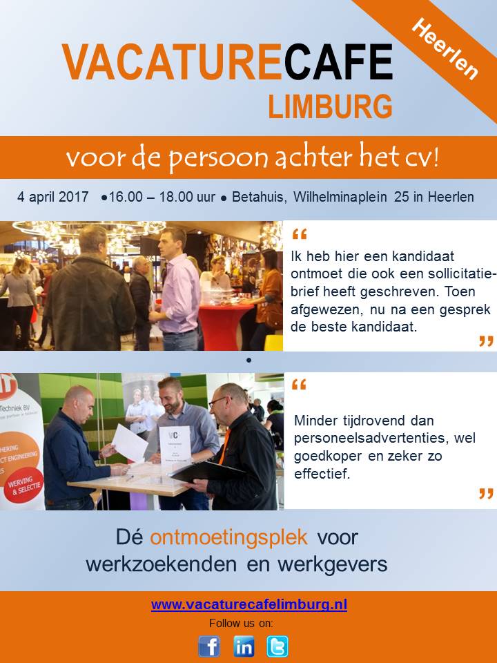 Snel en efficiënt uw #vacature invullen? Meld u aan: #vacaturecafe #heerlen 4 april a.s.: ow.ly/MVH8309YdU2