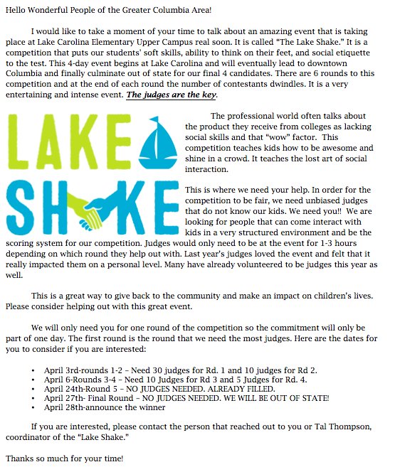 Tall Tal (@talltalteaches) on Twitter photo Judges needed for our #LakeShakeLCE this year. Columbia Peeps, take a look & help out!Thanks @JPWilliamsLCEU <a href="/ShannanBright/">Shannan Bright</a> Judges needed for our #LakeShakeLCE this year. Columbia Peeps, take a look & help out!Thanks @JPWilliamsLCEU <a href="/ShannanBright/">Shannan Bright</a>