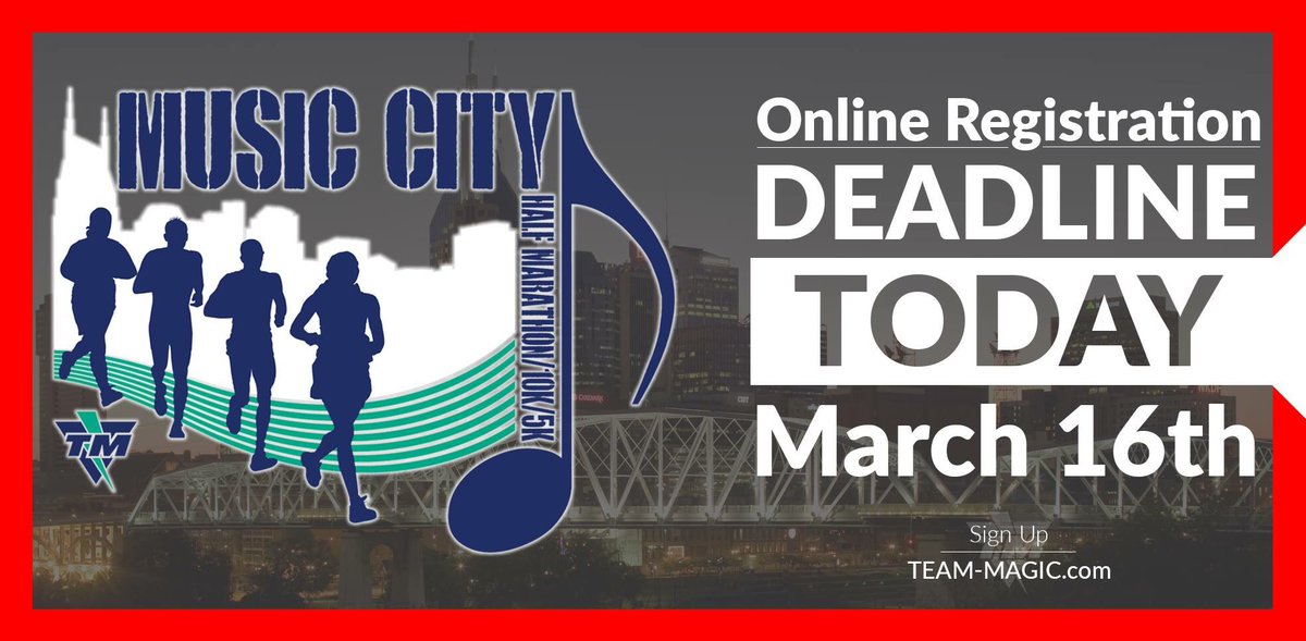 #ThursdayThoughts its the last day 2 #SignUp online for #MusicCity #HalfMarathon #10k #5k happening on Sat. SIGN UP: bit.ly/MCH2017