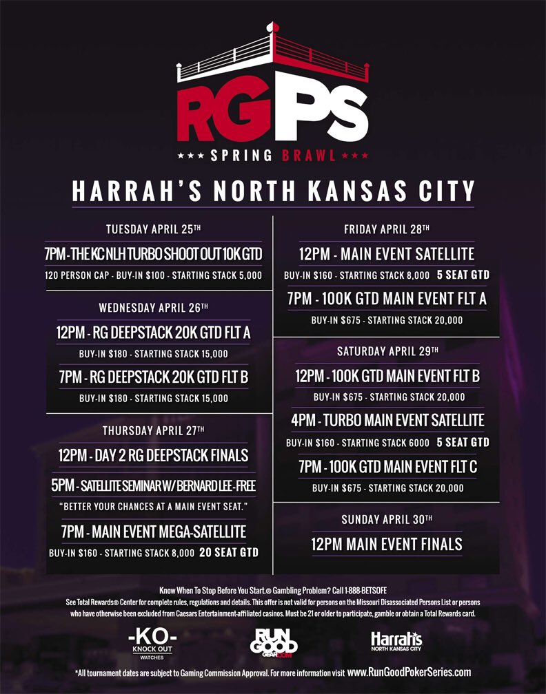 RunGoodGear's tweet photo. Last round of the @RGPokerSeries Spring Brawl Season will be at @HarrahsNKC April 25th - 30th! Every tournament has a GTD! #LetsRumble https://t.co/WKQqheqhzY