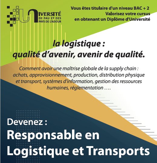 FORCOuppa's tweet image. Et si vous deveniez Responsable en Logistique et Transport ?
+ d'infos le 13 avril prochain à Pau !
#DURLT #UPPA #Logistique #Transport