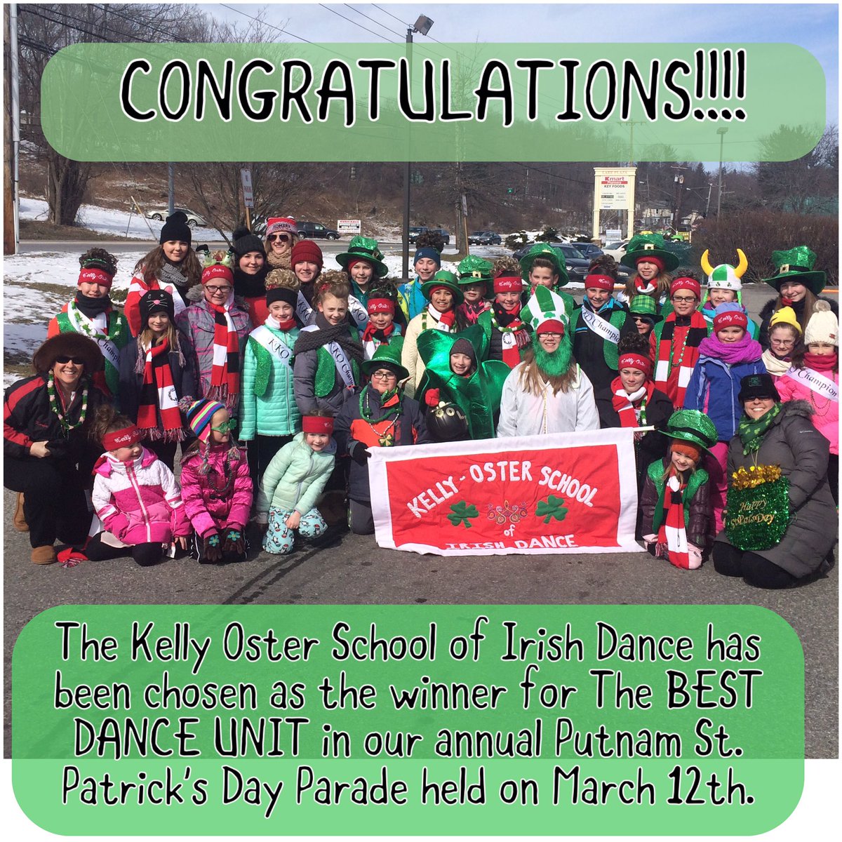 KellyOsterIDS's tweet photo. Once again, we were chosen as the winner for The BEST DANCE UNIT in the Putnam Co. St. Patrick's Day Parade! #WayToGoKKO https://t.co/O5u3rTZGG4