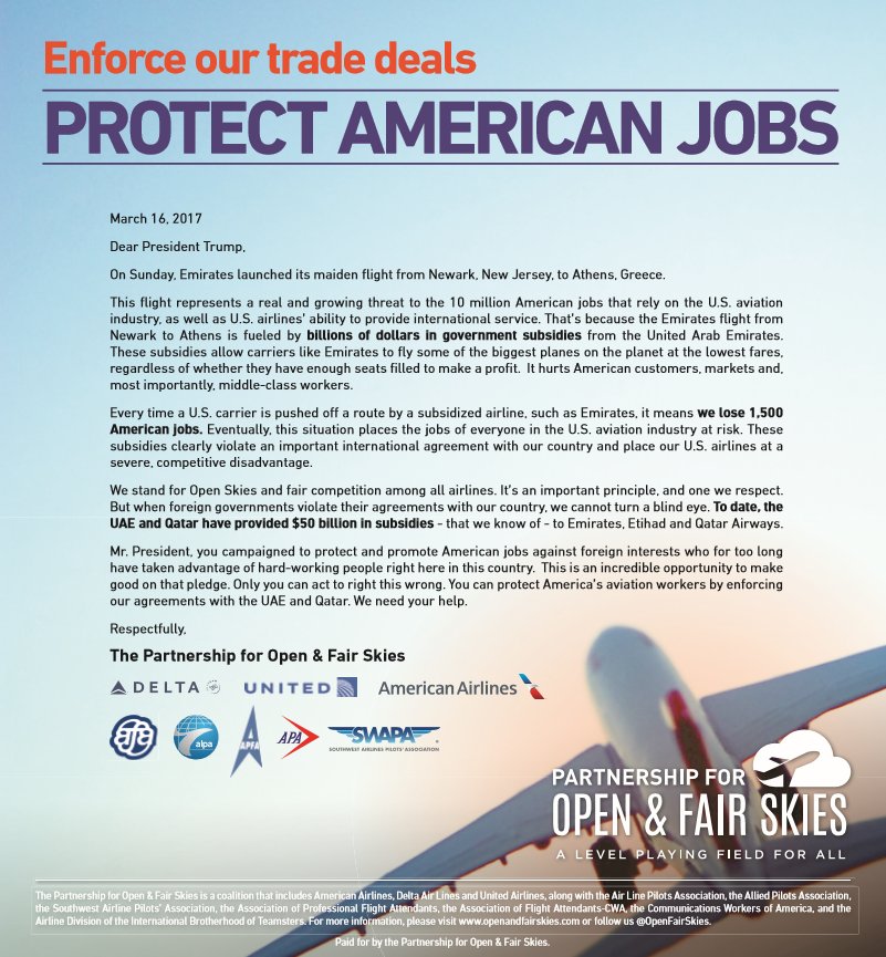OpenFairSkies's tweet photo. Letter signed by @AmericanAir @Delta @United @WeAreALPA @AlliedPilots @swapapilots @APFAunity @afa_cwa asks @POTUS to protect US jobs: https://t.co/99i5dSGWlV