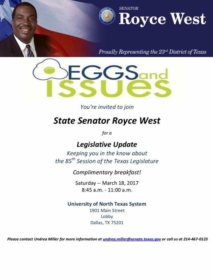 FRIENDLY REMINDER:  Please join me <a href="/UNTSystem/">University of North Texas System</a>, for a Legislative Update on the 85th #txlege. #EggsAndIssues