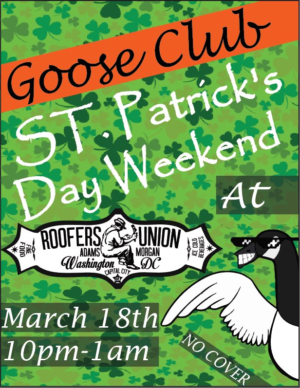 GooseClubMusic's tweet photo. THE GOOSE is back @RoofersUnionDC this sat from 10pm-1am!!! No cover, come join the Flock #theflockisforming https://t.co/bJaGH0LRiP