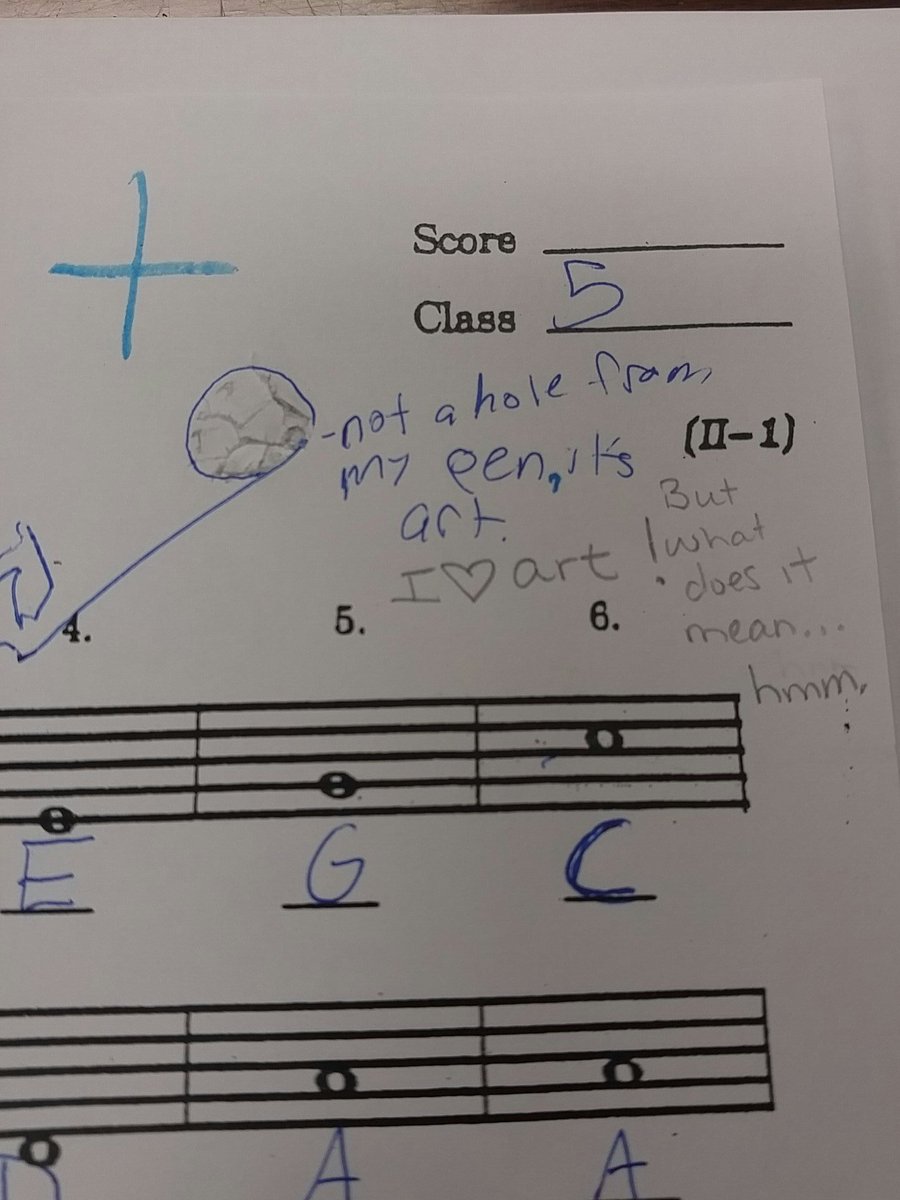 musicgeekchic's tweet image. Reason number 83,529,481 that 6th graders are hilarious. &quot;Not a hole from my pen...it&apos;s ART!&quot; #music #d45learn4life #notenames