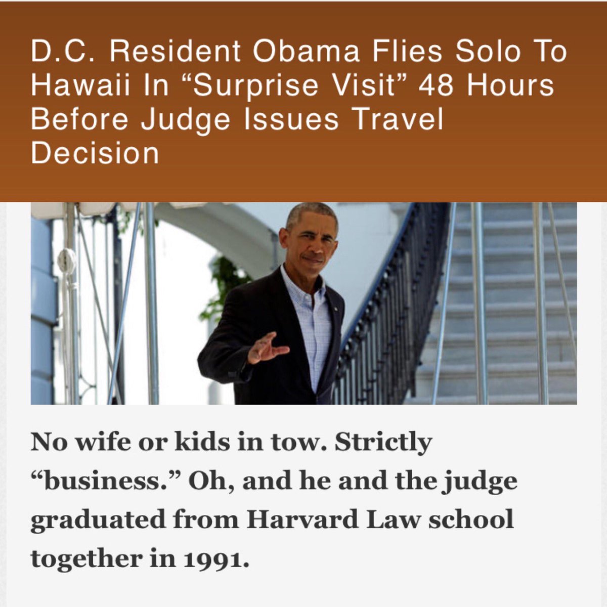TheTruthOneTwo's tweet photo. Obama flies to Hawaii without his family. 48 hours later Hawaii judge denies Trumps travel ban. What is their REAL goal?   #BoycottHawaii https://t.co/xyPwqND9Jk