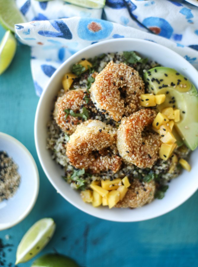 Sesame Crusted Shrimp and Mango Quinoa Bowls. - How Sweet It Is