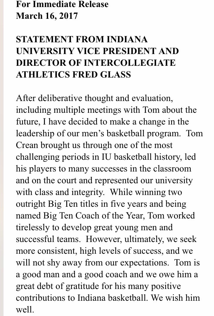 gott31's tweet photo. Tom Crean has been fired. Here's the statement from IU Athletic Director Fred Glass. #iubb https://t.co/juRHzWUdCc