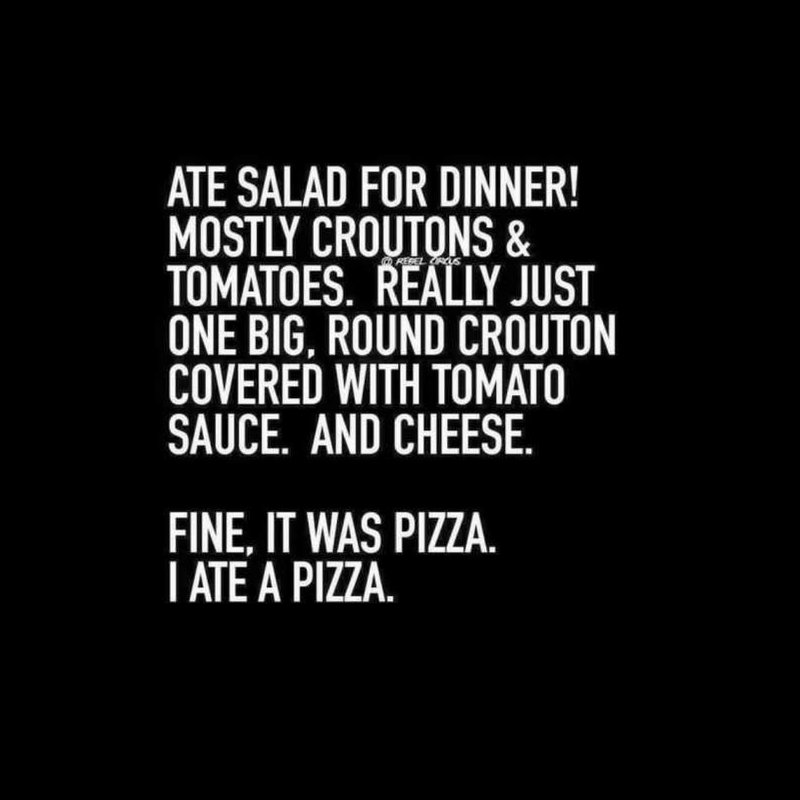 CapeCodCafe's tweet image. "Ate salad for dinner! Mostly croutons and tomatoes. Really just one big, round crouton covered with tomato sauce..." #ThursdayThoughts