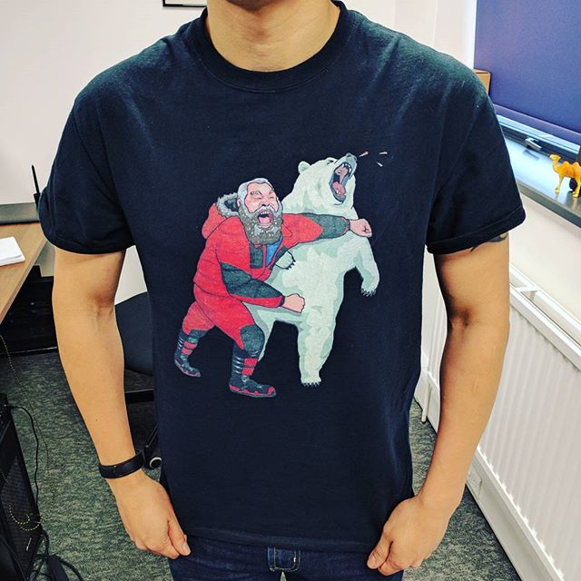 Mike is wearing a t-shirt depicting Brian Blessed punching a polar bear today 🤜🐻