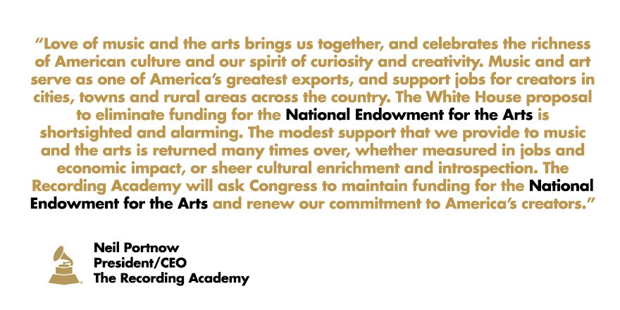 GRAMMY Advocacy (@grammyadvocacy) on Twitter photo Neil Portnow, President/CEO of <a href="/RecordingAcad/">Recording Academy / GRAMMYs</a>, on the <a href="/WhiteHouse/">The White House</a> proposal to eliminate the National Endowment for the Arts. #SupportMusic Neil Portnow, President/CEO of <a href="/RecordingAcad/">Recording Academy / GRAMMYs</a>, on the <a href="/WhiteHouse/">The White House</a> proposal to eliminate the National Endowment for the Arts. #SupportMusic