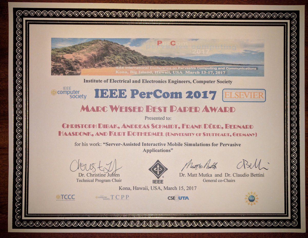 FrankDuerr's tweet photo. It's a great honor for us to receive the Marc Weiser Best Paper Award at #PerCom2017 for our work on mobile interactive simulations. #PerCom https://t.co/W6niBgxeCg