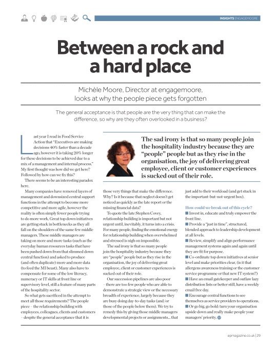 EPmagazineuk's tweet photo. Between a rock &amp; a hard place. Michele Moore @engagemoore looks at why people get forgotten. #FoodServiceAction https://t.co/letYjQMORd https://t.co/sFIipehi5s