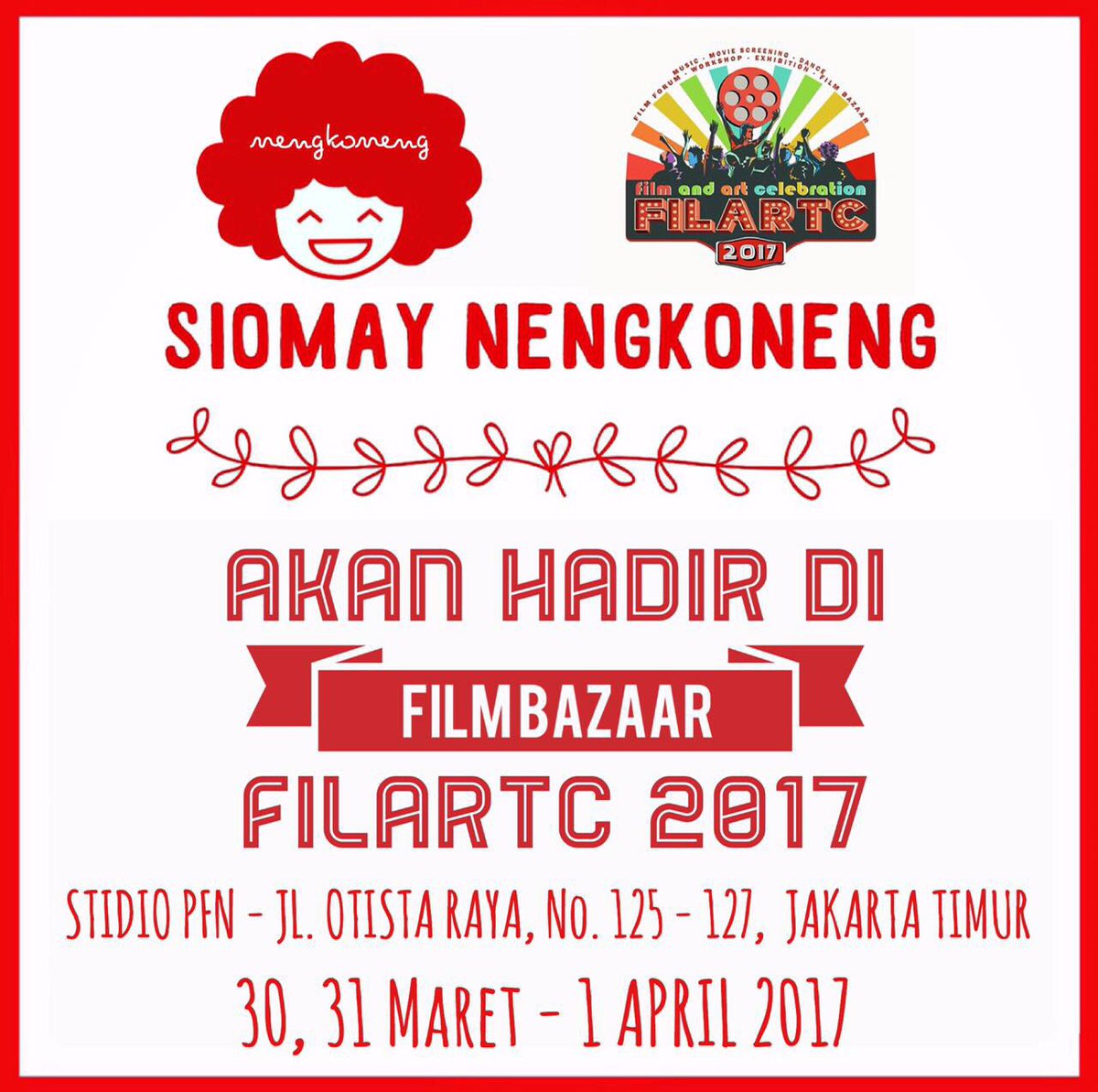 filmbazaarind's tweet photo. Siomay Nengkoneng will be one of our tenants in FilmBazaar by @filartc17, save the date march30th,31st,april1st,2017 at Studio PFN otista 😍 https://t.co/fg1tL1MHWU