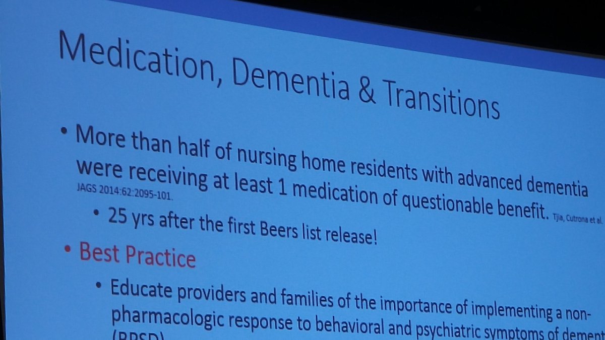 Over half of nursing home residents w dementia receive at least 1 med of questionable benefit. Dr. Doyle. #deprescribe #PALTC17