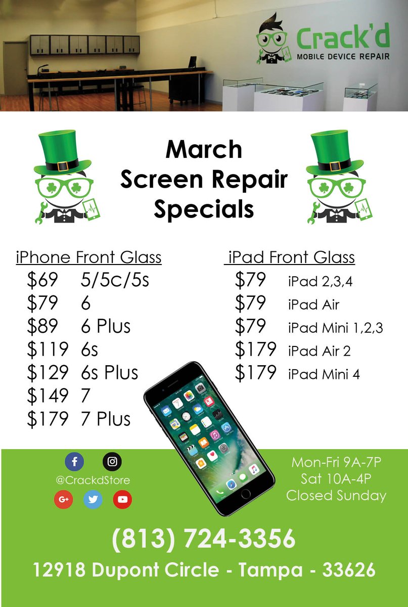 CrackdMobile's tweet image. Happy #StPatricksDay from #Crackd Mobile Device #Repair. We are open today 9am - 7pm with no appointment needed to fix your #BrokenPhone