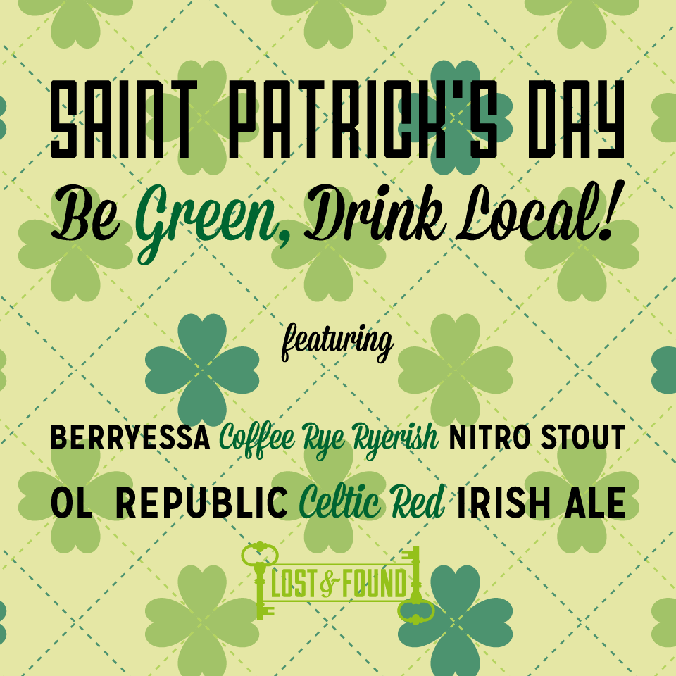 This Fri, be green and #drinklocal w/ <a href="/BerryessaBrew/">Berryessa Brewing Co</a> Rye Ryerish Coffee #Stout and <a href="/olrepublicbrew/">ol Republic Brewery</a> Celtic Red Irish #Ale! #saintpatricksday