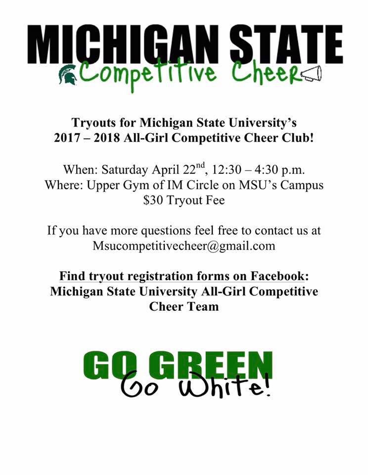 michigan_cheer's tweet photo. It's about that time again!!! If you want to join the MSU Competitive Cheer Team, now is your chance! ππ₯ππ #GoGreen #MSUCCT https://t.co/SP4elJO0WJ