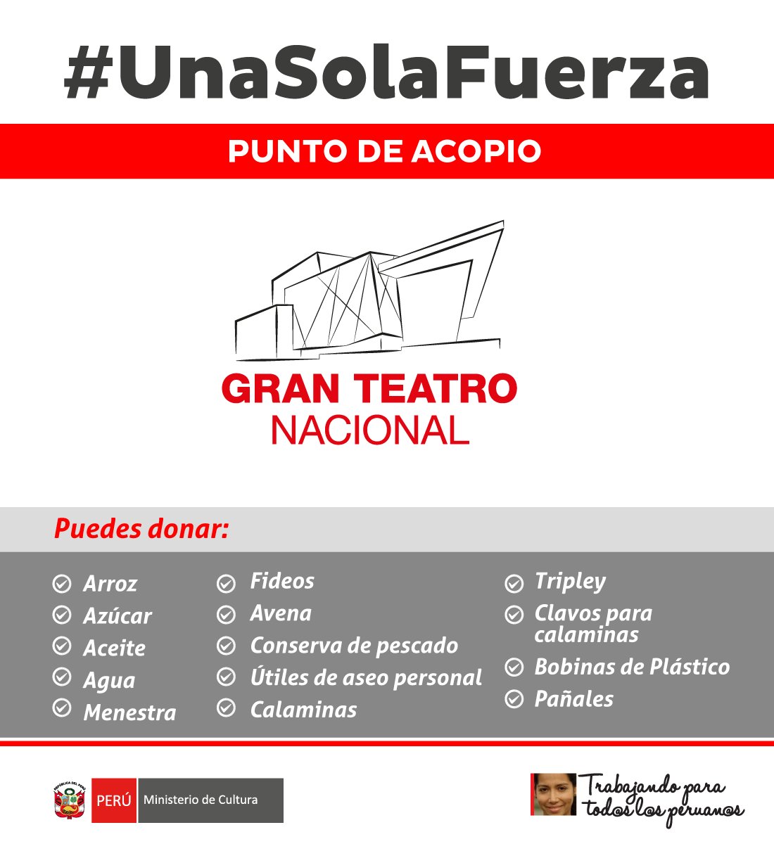 MinCulturaPe's tweet photo. #UnaSolaFuerza El Perú nos necesita, por eso, el Ministerio te convoca a colaborar con nuestro hermanos. ¡RT y ayúdanos a difundir! https://t.co/kfuSwLLKQ0