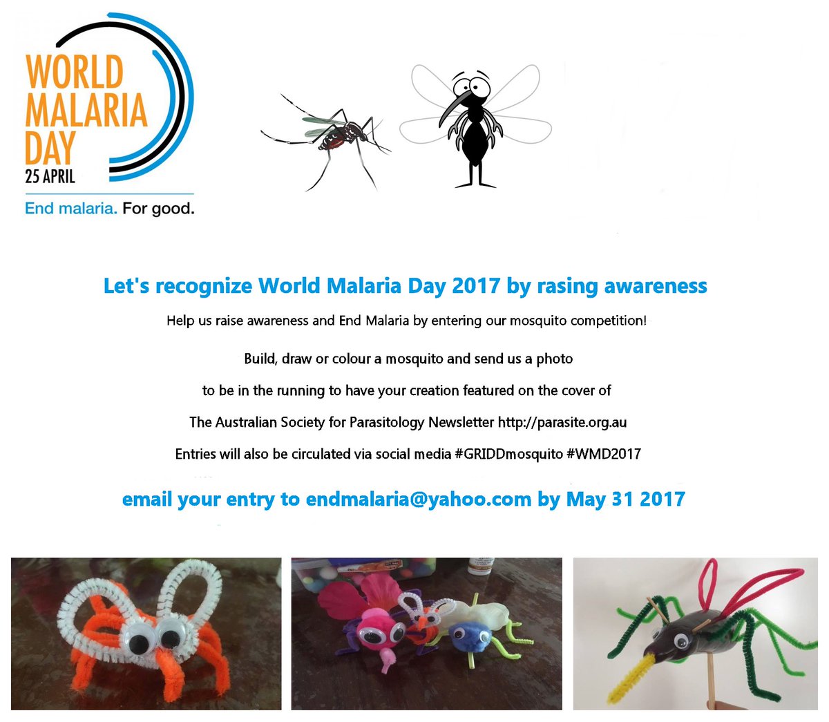 TinaSAdams's tweet image. Keen to have some fun and raise  malaria awareness? Make a #GRIDDmosquito for the front cover of the @AS_Para newsletter #wmd2017