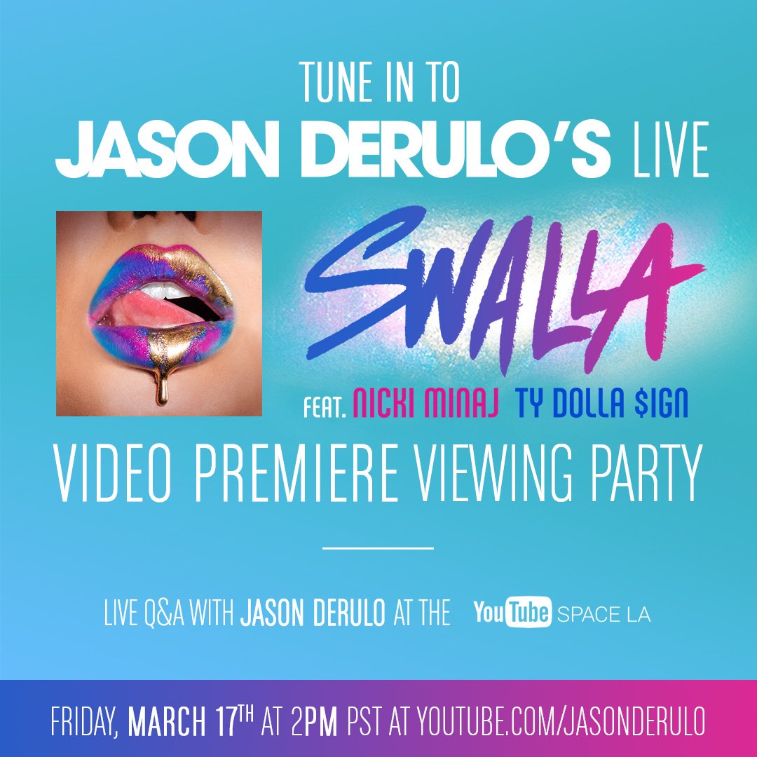 jasonderulo's tweet photo. 24 HOURS TO GO! TUNE IN TO JASON DERULO’S LIVE “SWALLA” VIDEO PREMIERE VIEWING PARTY - Friday, March 17th at 2pm PST @YouTubeSpaceLA https://t.co/BWisjuayfs