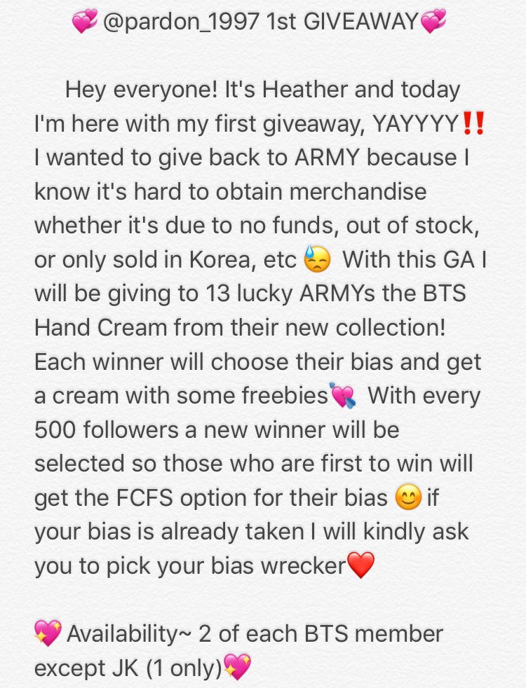 Pardon_1997's tweet photo. @Pardon_1997 1st Giveaway!!!
BTS Hand Cream Collection GA~ plz read rules💞 Winner chosen every 500 followers💜Ends when I hit 5.5k💖 https://t.co/gdOEI4KEHk