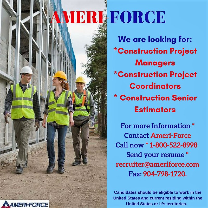AmeriForce_Recr's tweet image. Are you a #ProjectManager or #SeniorEstimator in #Construction? Call now 1-800-522-8998 * E-Mail: recruiter@ameriforce.com #hiring