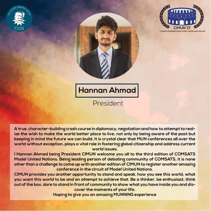 CIMUN_17's tweet photo. Introducing the esteemed Hannan Ahmed as the President of CIMUN'17.

#CIMUN17 #PrudencePersonified https://t.co/w4sPfhj6Qk
