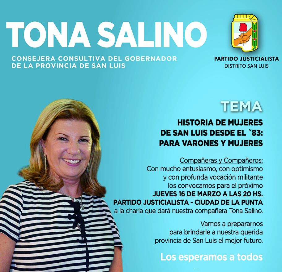 GraCorvalanSL's tweet photo. Imperdible charla de Tona Salino : Hoy a las 20 horas en la sede del Partido Justicialista de la joven y moderna @ciudaddelapunta https://t.co/4Uktgh34ev