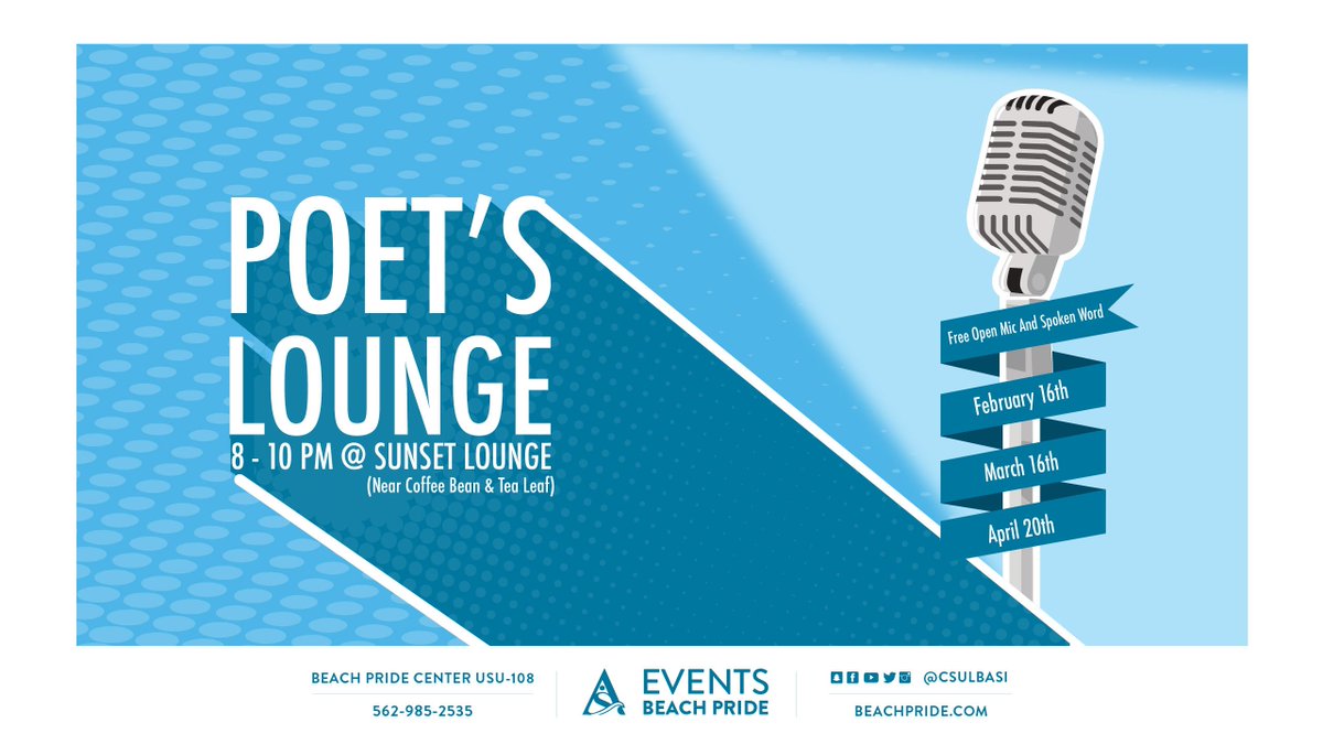 CSULBASI's tweet photo. Recite a poem or a sing a song at Poet's Lounge. Tonight at 8 p.m. in the USU Sunset Lounge! #BeachPrideEvents https://t.co/CWBdUDmjQB