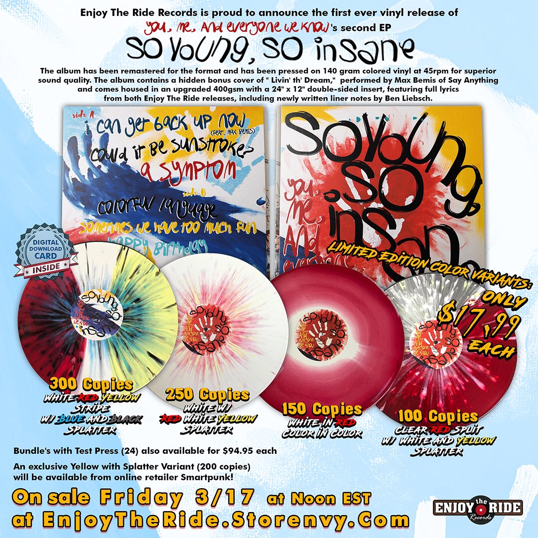 EnjoytherideRES's tweet photo. #YouMeAndEveryoneWeKnow #SoYoungSoInsane &amp; #PartyForTheGrownAndsexy reissues on sale TOMORROW at Noon Est at https://t.co/dhYzleQmVQ @YMAEWK https://t.co/3GYDpFhadz