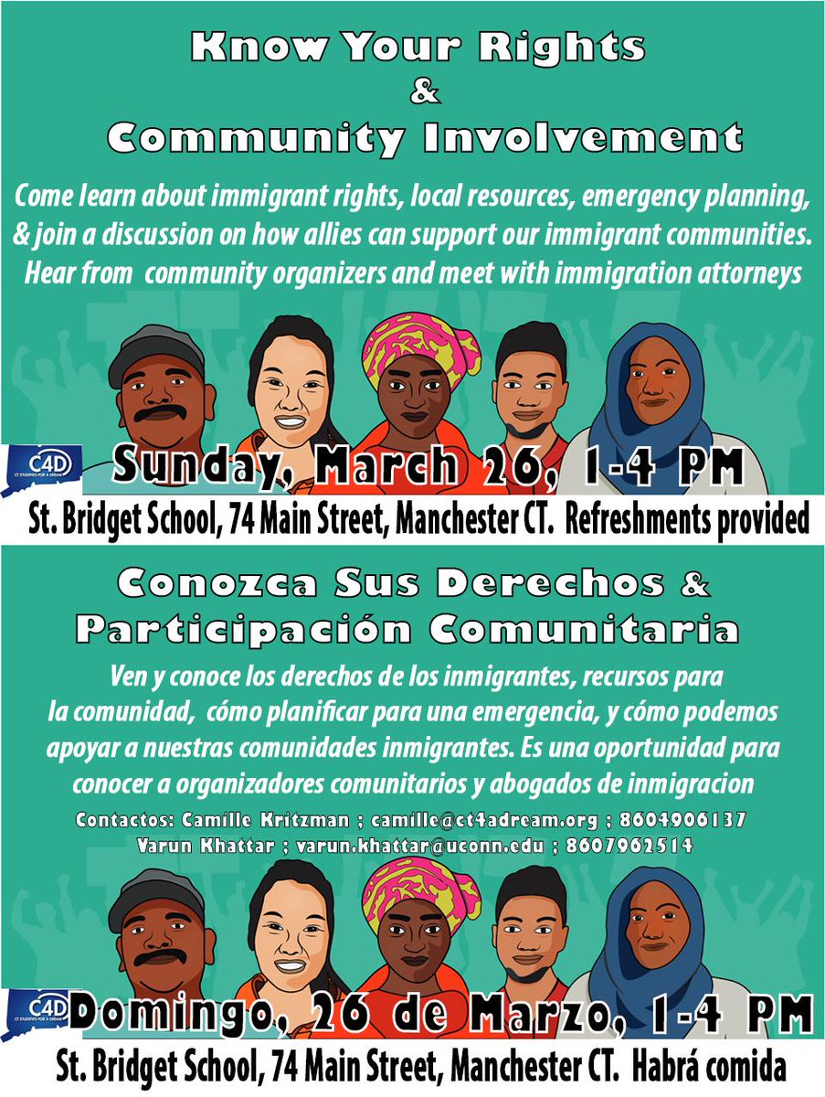 Know Your Rights event for immigrant students and families and allies-3/26,1-4pm at St. Bridget School, Manchester.