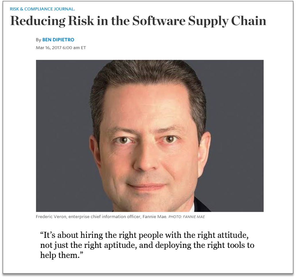 lifeatfanniemae's tweet photo. The @WSJ interviewed our SVP and Enterprise CIO, Frederic Veron, about Reducing #Risk in the #Software Supply Chain! https://t.co/4kELGqbFMU https://t.co/knUnwWbmEW