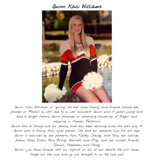 every15CHS17's tweet photo. Quinn Williams was on her way to dance. She was hit my a drunk driver head on. Quinn died in the ambulance. #itsneverworthit https://t.co/ZBFdSiwYBC