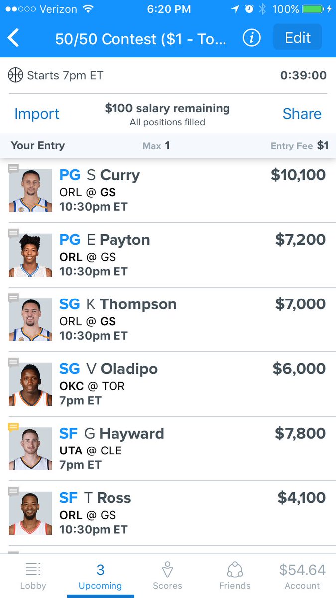 Average_GuyDFS's tweet image. Lineup for 3/16/17