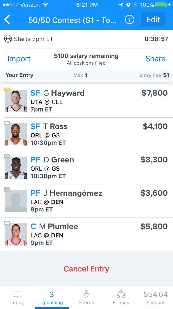 Average_GuyDFS's tweet image. Lineup for 3/16/17