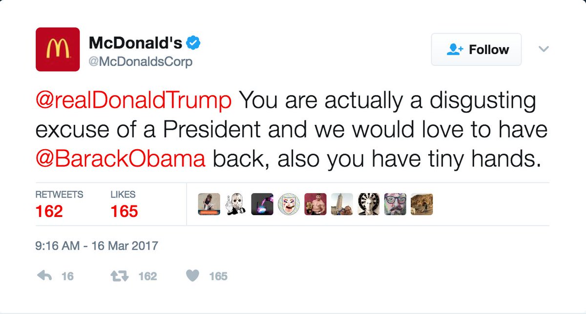 thehill's tweet photo. McDonald's blames hacker after tweeting insults at Trump https://t.co/4Pgmymb47a https://t.co/hfeK8KoKYP