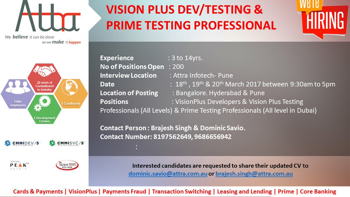 VisionPlusUsers's tweet photo. Attra Infotech - Pune is Hiring for VisionPlus Development &amp; VisionPlus Testing Professionals for all levels. https://t.co/GxBVlR1AoT