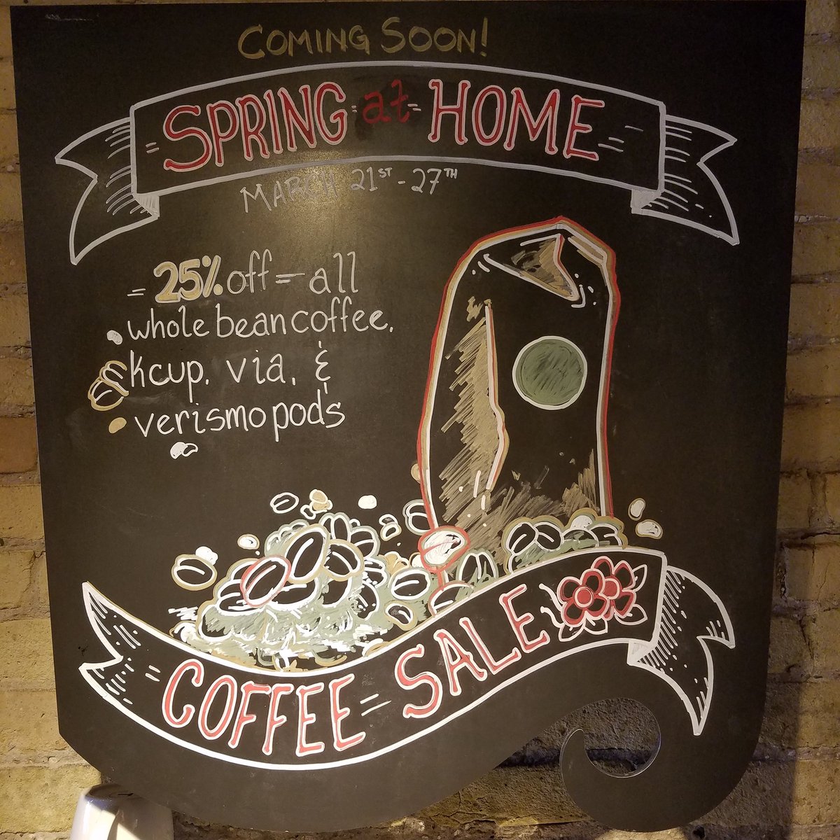 Sbux3rdWard's tweet photo. COMING SOON! 25% off all at home coffee - whole bean, K-Cup, Verismo pods and VIA. Starts Tuesday March 21st.  #coffeesale https://t.co/PFg3sQqJyS