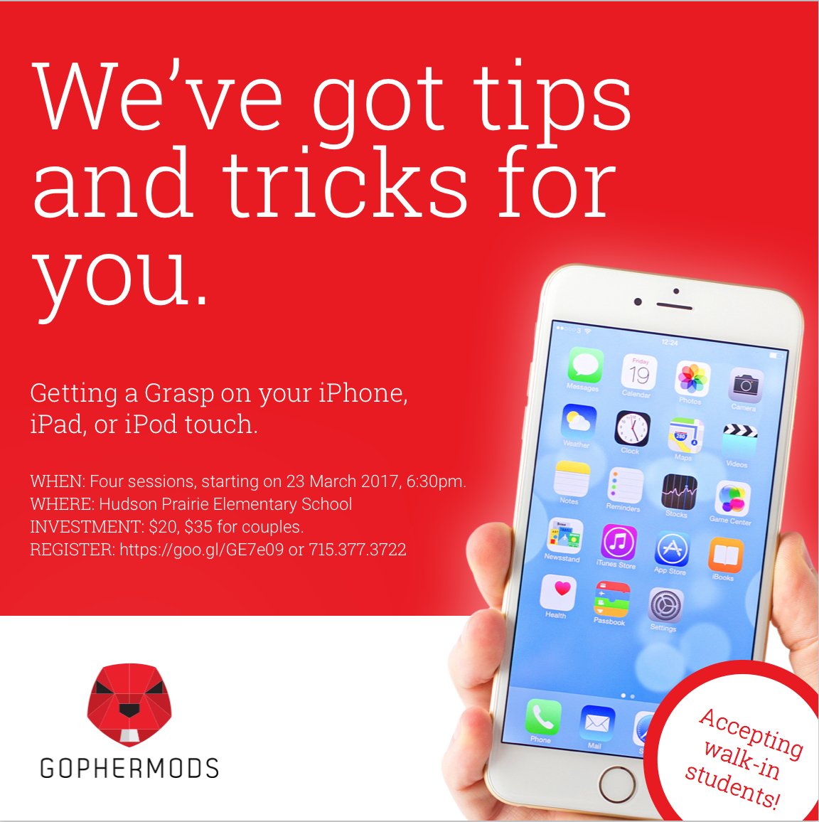 gophermods's tweet image. Know someone in your life who could use some tips and tricks on their iPhone, iPad, or iPod touch? Come to our community education course!