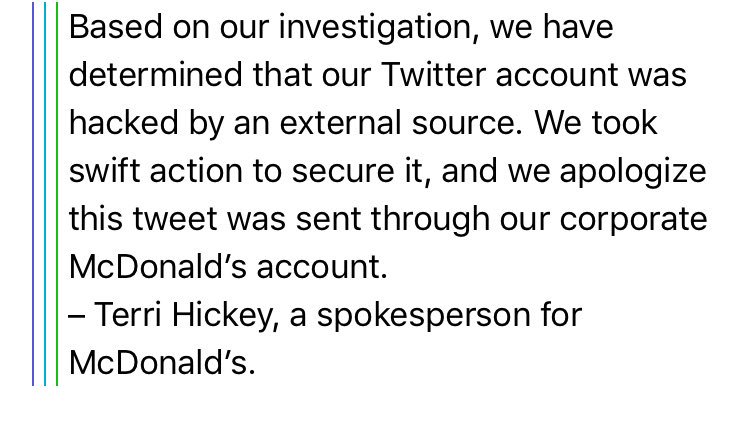 kylegriffin1's tweet photo. McDonald's has provided an updated statement to NBC—says Trump-bashing tweet occurred b/c their account "was hacked by an external source". https://t.co/MP83baMf7h