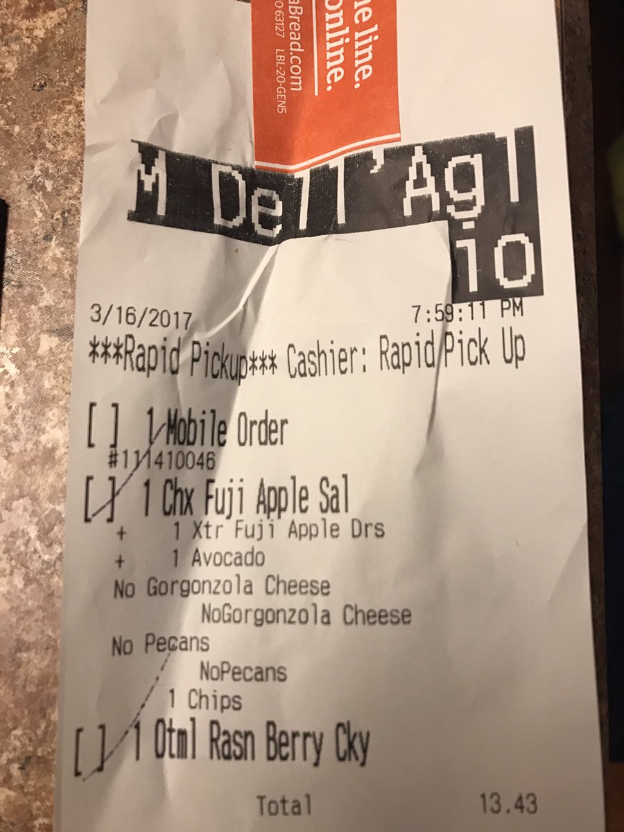 _mdell's tweet photo. @panerabread sometimes it takes a while to get home with your mobile order. Pecans are life threatening and now I have no dinner. #starving https://t.co/mp0GbVI8pt