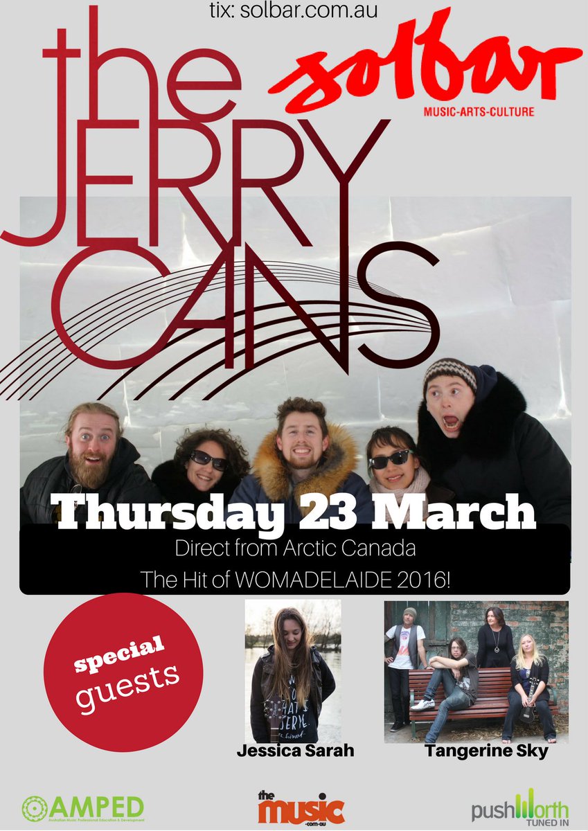 AmpedAUS's tweet photo. #thejerrycans live #solbar, Thurs 23 March. Special Guests #jessicasarah, #liambryant + #tangerinesky. Thanks to #pushworth + #ampedaus https://t.co/SN8Y2O4pyz