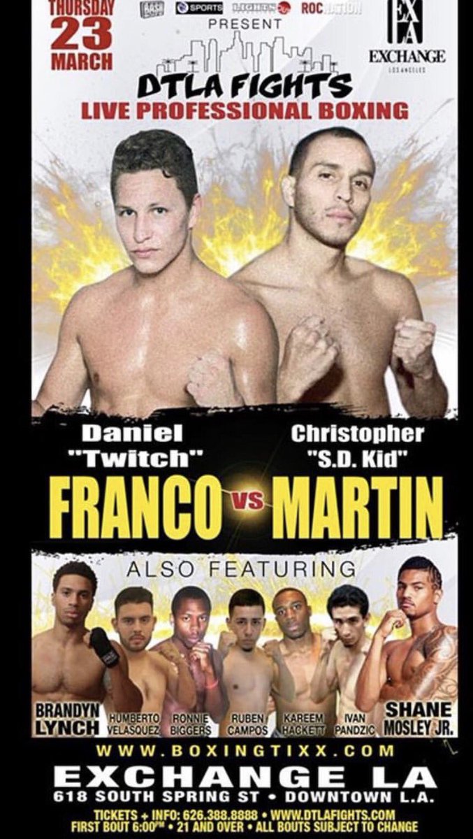 Bash_Boxing's tweet photo. Punches in Bunches! #DTLAFights #March23 @ExchangeLA @Bash_Boxing @Team_LightsOut @RocNation #PRSports 👊🏻https://t.co/PXnPDuoGcS👊🏻 for tix! https://t.co/Jh4EmTUrRQ