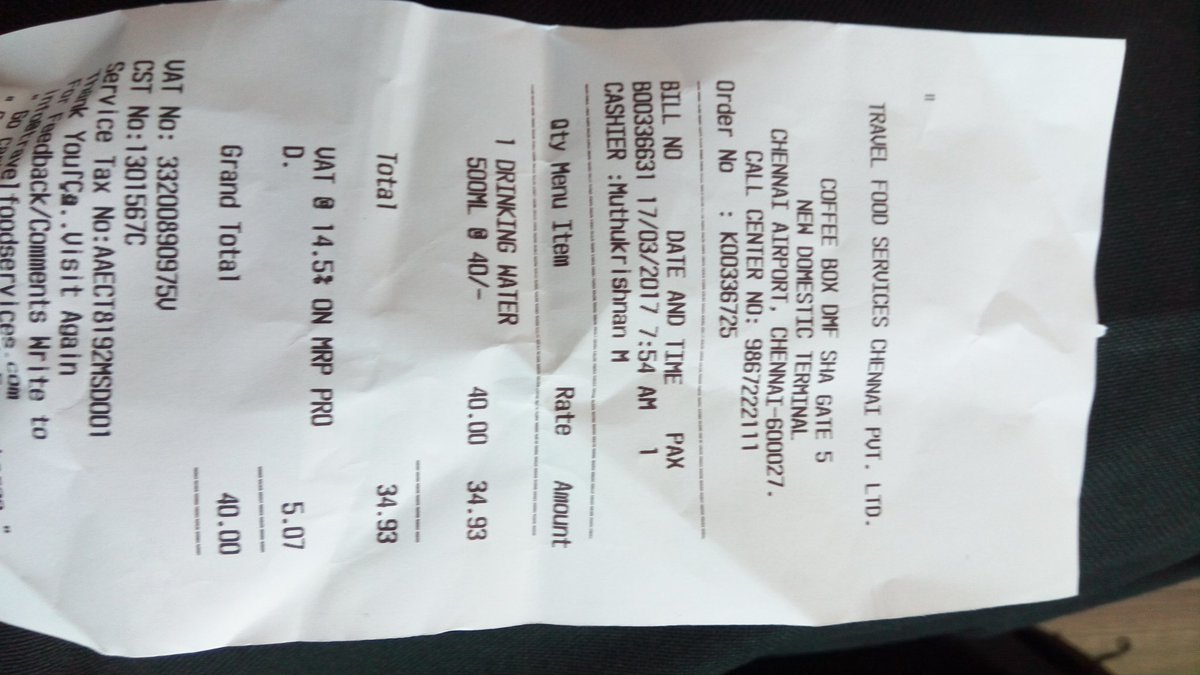 sumanthraman's tweet photo. At Chennai airport 500 ml Kinley water is sold for Rs.40/-.Board says water at MRP. Bottle has no MRP.Says Sale at Select channel.@CocaCola https://t.co/SSlZFbjQ7k